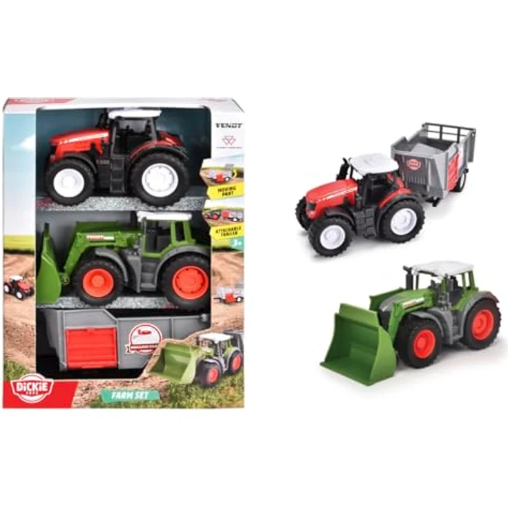 Dickie Toys Spielzeug-Traktor Farm Set, 3-tlg. mit Fendt und Massey Ferguson Traktor sowie Anhänger, für Kinder ab 3 Jahren, Freilauf und bewegliche Teile – Bild 1