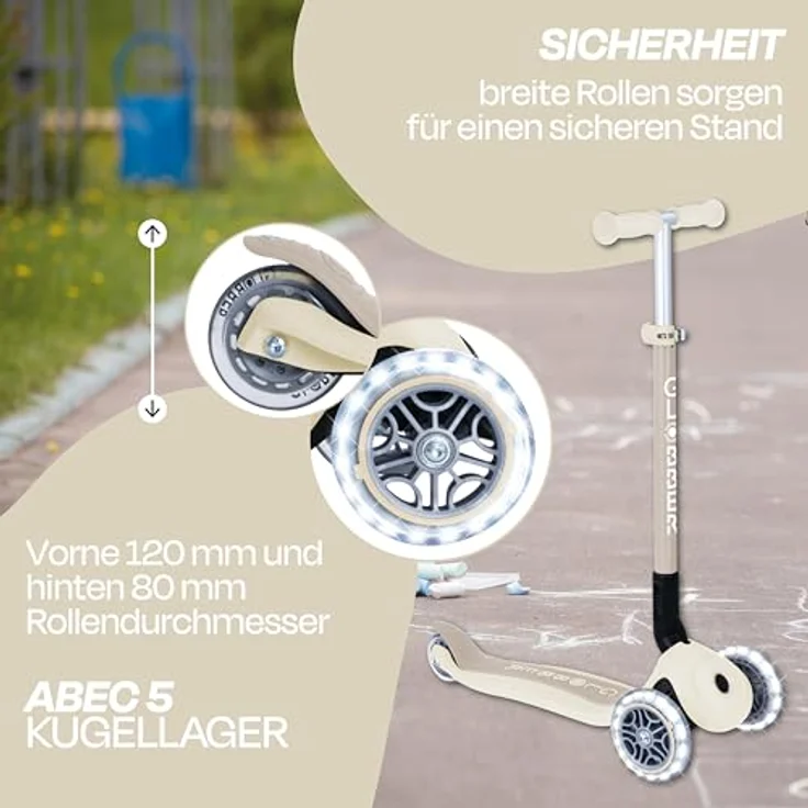Globber PRIMO FOLDABLE LIGHTS ECO, Dreiradscooter mit Leuchtrollen, kokusweiß, höhenverstellbar und klappbar – Bild 3