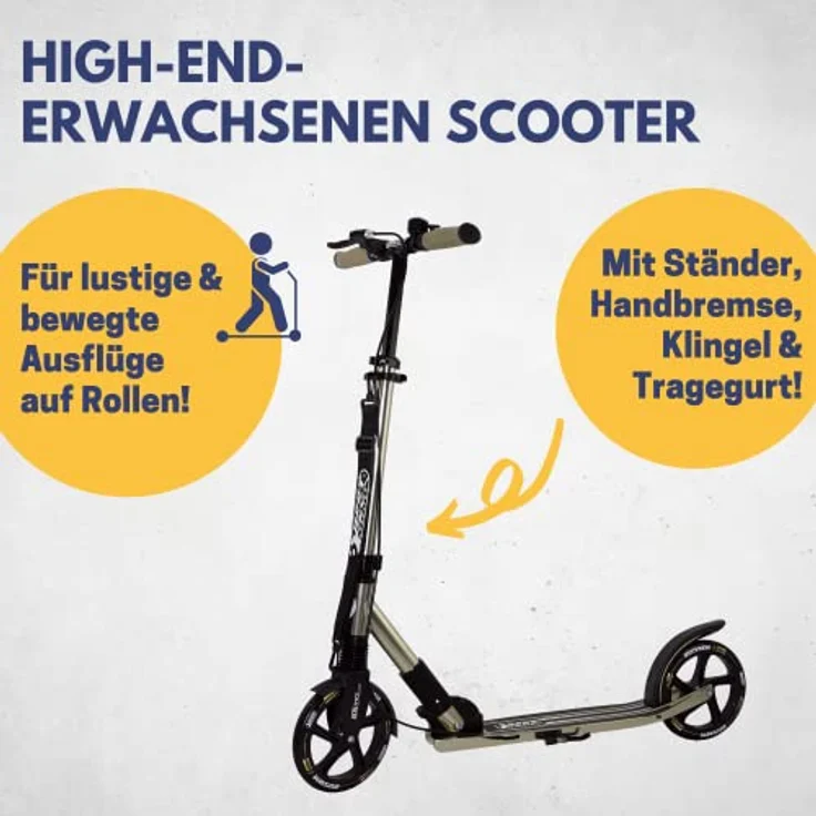 Best Sporting Cityroller, City-Scooter schwarz-gold mit 205 mm High-Rebound-Rollen, klappbar, bis 100 kg Tragkraft, 3-fach höhenverstellbarer Lenker – Bild 2