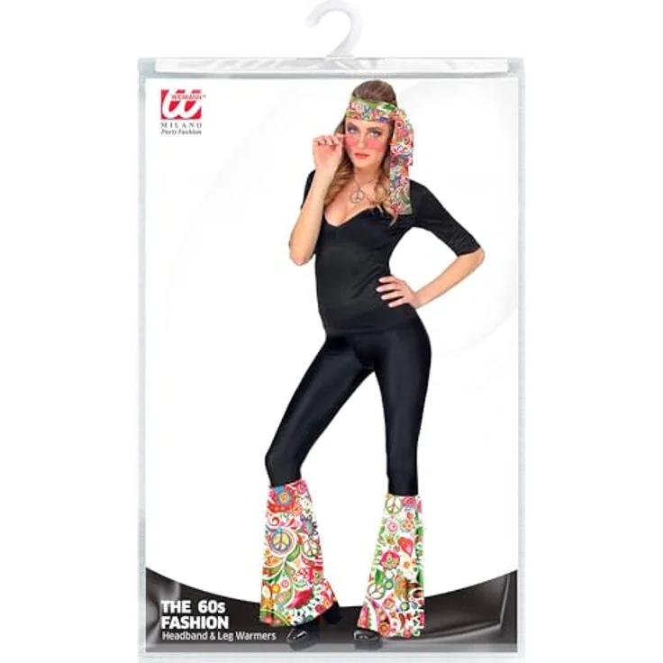 W WIDMANN MILANO Party Fashion - Hippie Set 60er / 70er Jahre, Stirnband und Stulpen, Weiß mit Peace Zeichen, Blumen und Schriftzügen – Bild 2