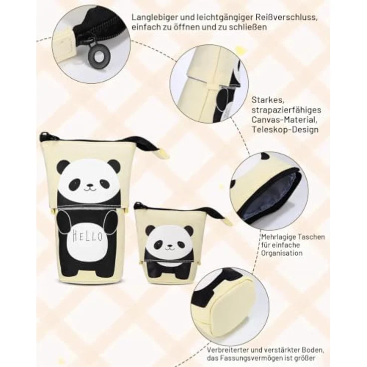Xespis Federmäppchen Reißverschluss, Teleskopisch mit hochwertigem Canvas, niedliches Panda-Design, multifunktional als Stifthalter und Künstlertasche – Bild 3