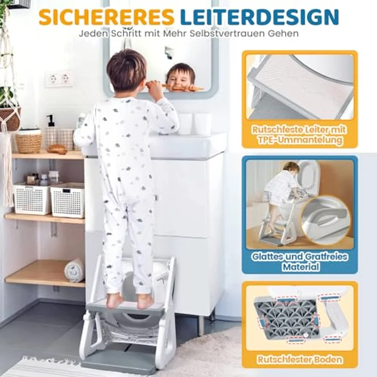 Orzbow Toilettensitz Kinder mit Treppe, stabiler Dreiecksstruktur, verstellbarem Pedal- und Spritzschutz, rutschfest und faltbar, grau – Bild 5