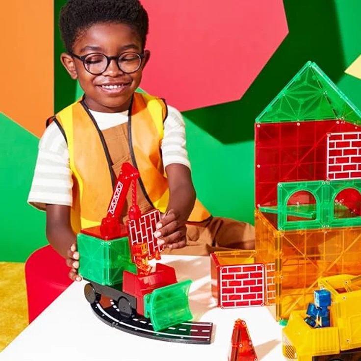Magna-Tiles Builder XL 50 STK., Magnetisches Konstruktions-Set mit Auto-Chassis und beweglichen Teilen, bunt – Bild 3