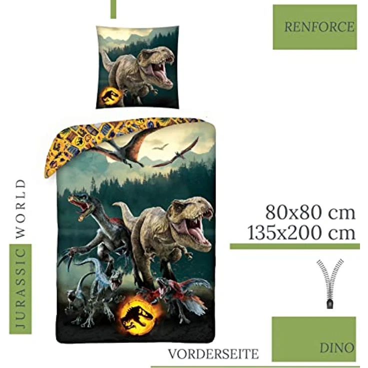 MTOnlinehandel Jurassic World Dinosaurier Kinder-Bettwäsche · 1 x Kissenbezug 80x80 + 1 x Bettbezug 135x200 cm · T-Rex Dino · 100% Baumwolle · - Preisvergleich – Bild 2