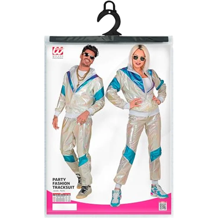 W WIDMANN MILANO Party Fashion Kostüm Trainingsanzug, Retro-Style 80er Jahre Jogginganzug in holografischem Weiß, Größe L für Karneval & Party – Bild 5