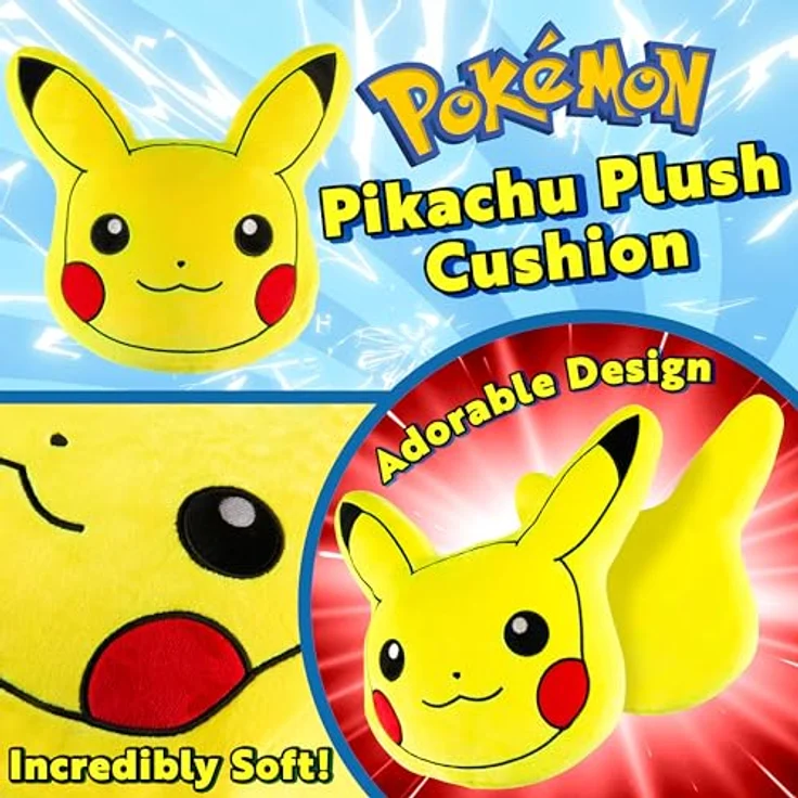 Pokémon Pikachu Plüsch Kissen, Weiches 3D Dekokissen für Kinder mit Füllung, 45 x 45 x 8,5 cm – Bild 3