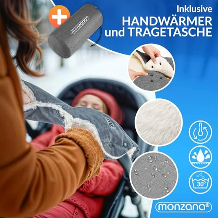 Monzana Babyfußsack Handwärmer Wetterfest Reflektoren-Streifen Reißverschluss abnehmbares Fußteil Waschbar Kinderwagen Winter Fußsack 90x60 cm – Bild 5