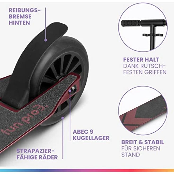 fun pro Premium Roller, Roller Kinder 6-18 Jahre - Kickscooter, Tretroller, Cityroller, Faltbar Roller Erwachsene - LED Räder optional Roller Erwachsene, karmesinrot – Bild 2