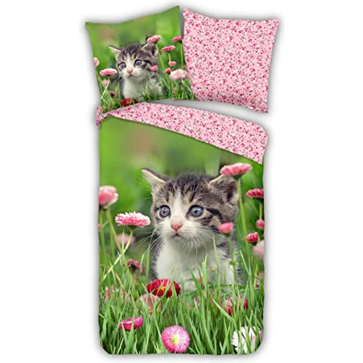 ESPiCO Bettwäsche Trendy Bedding Jacky Tiermotiv Katze Kätzchen Blumen geblümt Wiese Wendeoptik Renforcé, 135x200 cm, Kinderbettwäsche, 100% Baumwolle – Bild 1