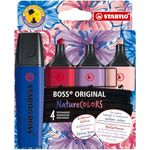 STABILO BOSS ORIGINAL NatureCOLORS Wildflower, Textmarker 4er Pack in rouge, ultramarinblau, grauviolett, burgunderrot, mit Anti-Dry-Out-Technologie und 2 Strichbreiten