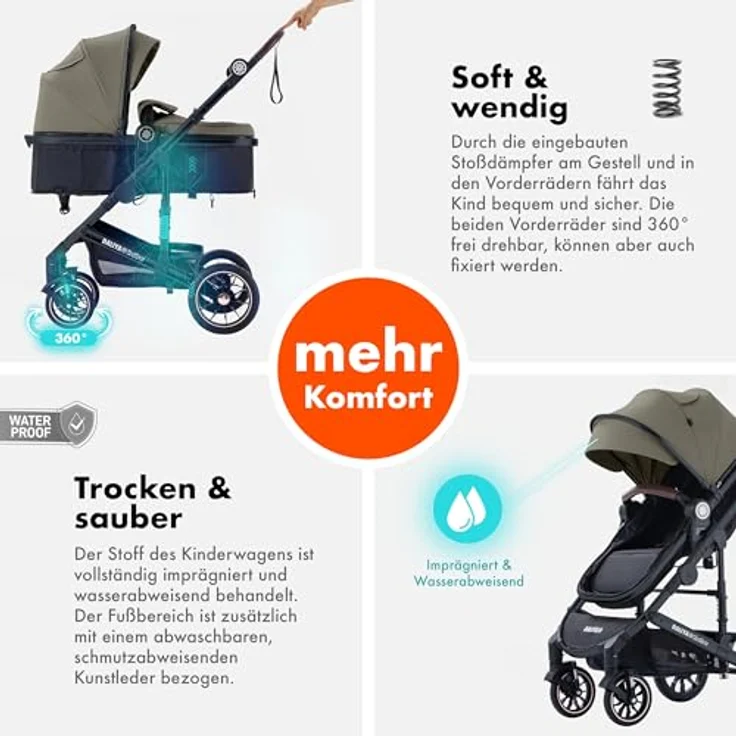 Daliya® NEOMOVE 3in1 Kinderwagen, Buggy & i-Size Babyschale | Alu-Rahmen | Reisekinderwagen & Sportwagen | Großer Einkaufskorb | Stadt & Gelände (Schwarz-Braun) – Bild 4