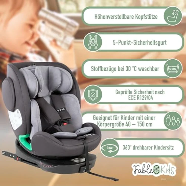 FableKids NORA Autokindersitz, 360° drehbar mit Isofix, für Kinder 40-150 cm, grau – Bild 2
