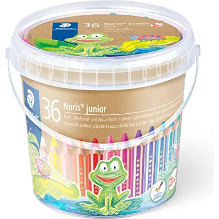 STAEDTLER 3in1 Buntstift Noris junior Bunt-,Wachsmal- und Aquarellstift, extra bruchsicher, ideal für Kinder, für viele Oberflächen, Classpack mit 36 Farben inkl. 3 Spitzer, 140 C36