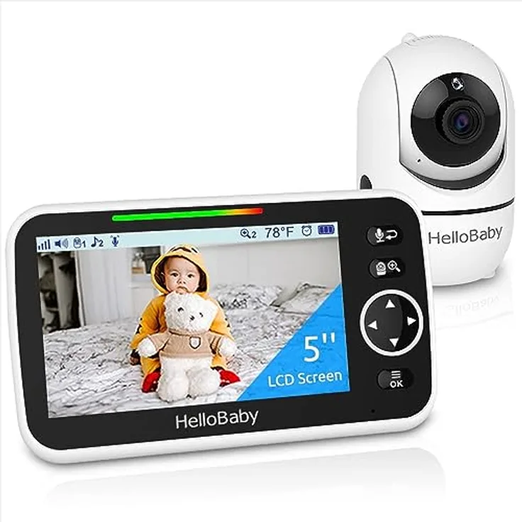 HelloBaby Video-Babyphone HB65, 5 Zoll geteilter Bildschirm, kabelgebundene Kamera, Pan-Tilt-Zoom, Nachtsicht, 2-Wege-Audio, 8 Schlaflieder, 3500 mAh