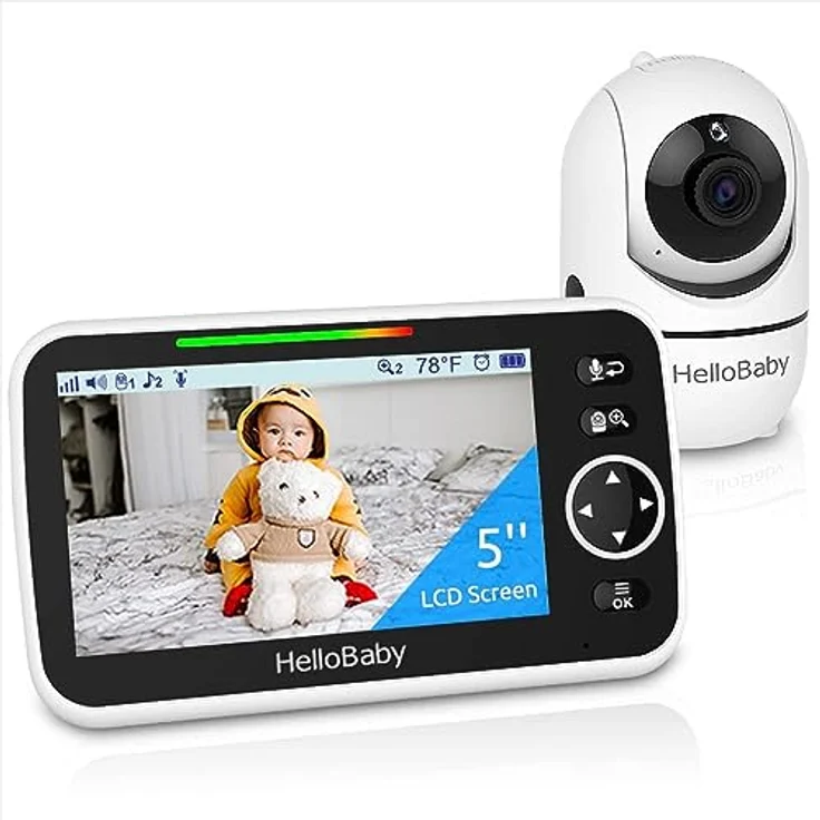 HelloBaby Video-Babyphone HB65, 5 Zoll geteilter Bildschirm, kabelgebundene Kamera, Pan-Tilt-Zoom, Nachtsicht, 2-Wege-Audio, 8 Schlaflieder, 3500 mAh – Bild 1