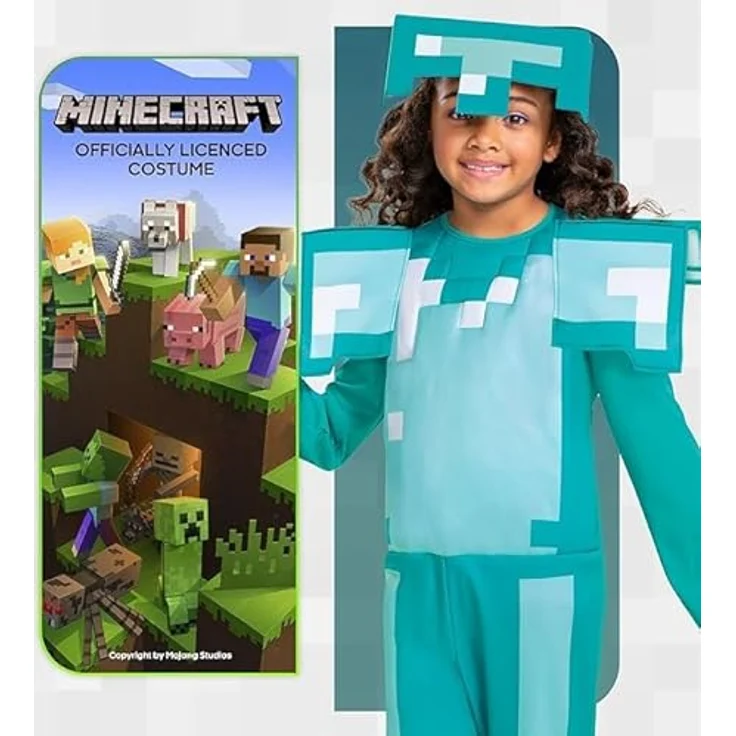 Minecraft Offizielles Kinderkostüm Diamant Rüstung, Karneval Kostüm, Größe S, Blau, inspiriert vom Spiel – Bild 4