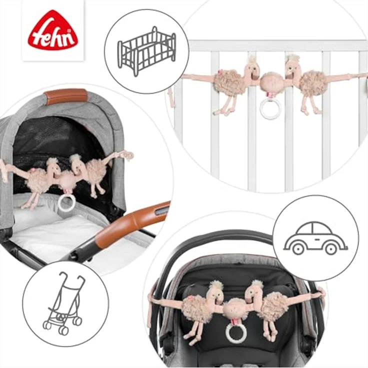Fehn Kinderwagenkette Flamingo, Spielkette mit Rasselgeräuschen und Greifring, pink – Bild 5