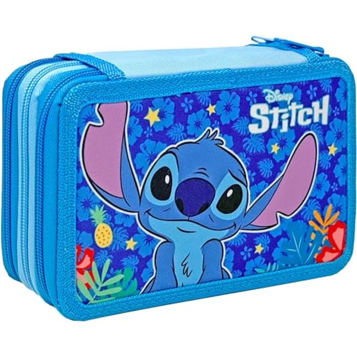 Clondo Dreifach Gefüllt Federmäppchen für Kinder, offiziell lizenziertes Stitch Design, 44 Schulutensilien, 3 Reißverschlüsse, Maße 20 x 12 x 7 cm, Polyester – Bild 5