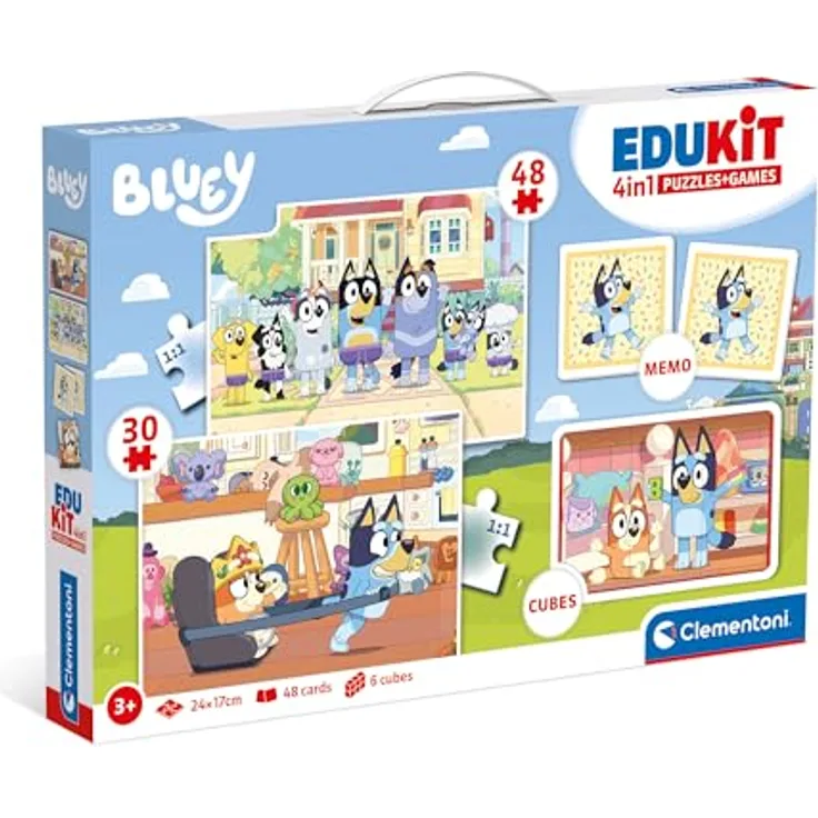 Clementoni Edukit 4 in 1 Bluey (Memo, Puzzle 30 und 48 Stücke, 6 Würfel) - pädagogische Spiele für Kinder - Memory und Logik-Spiel 18320 - umfassendes Bluey-Set für aktiven Lernspaß