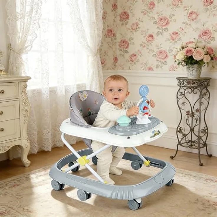 LANTUS 4 in 1 Lauflernhilfe mit abnehmbarer Spieluhr, Lauflernwagen mit Licht und Rädern, belastbar bis 12 kg, grau – Bild 5