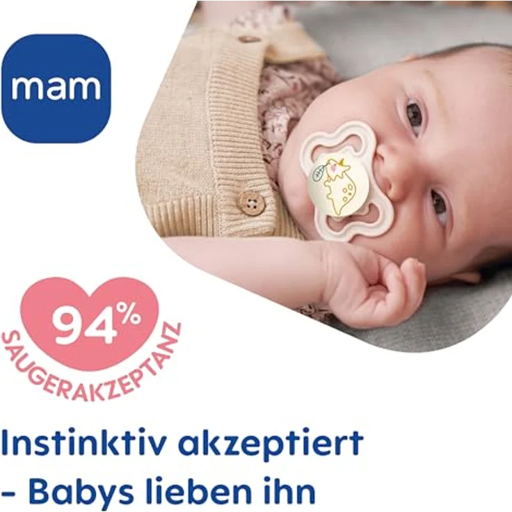 MAM Supreme Schnuller im 2er-Set, für gesunde Zahn- und Kieferentwicklung, mit Schnullerbox, 0-6 Monate, Vogel/Gänseblümchen – Bild 3
