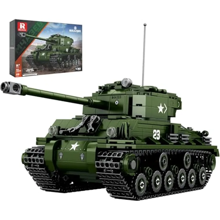 Reobrix M4A3E8 Sherman Panzer Bausatz, 77030 Militärmodell im Maßstab 1:35 mit 836 Teilen, World of Tanks lizenziert, für 14+ Jahre, drehbarer Turm und bewegliche Ketten