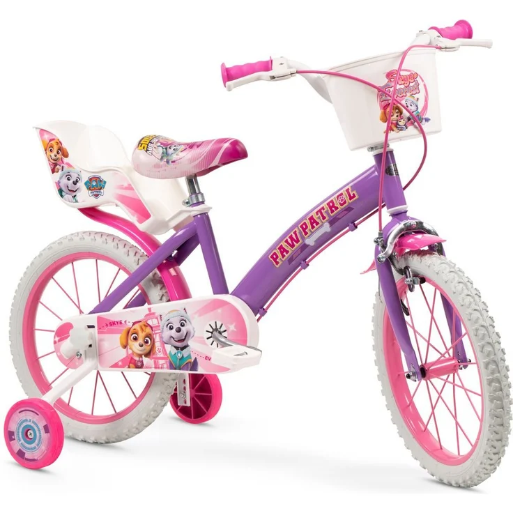 T&Y Trade Kinderfahrrad 16 Zoll Paw Patrol Lila, Kinder Mädchen Fahrrad mit Puppensitz, Korb und Stützrädern