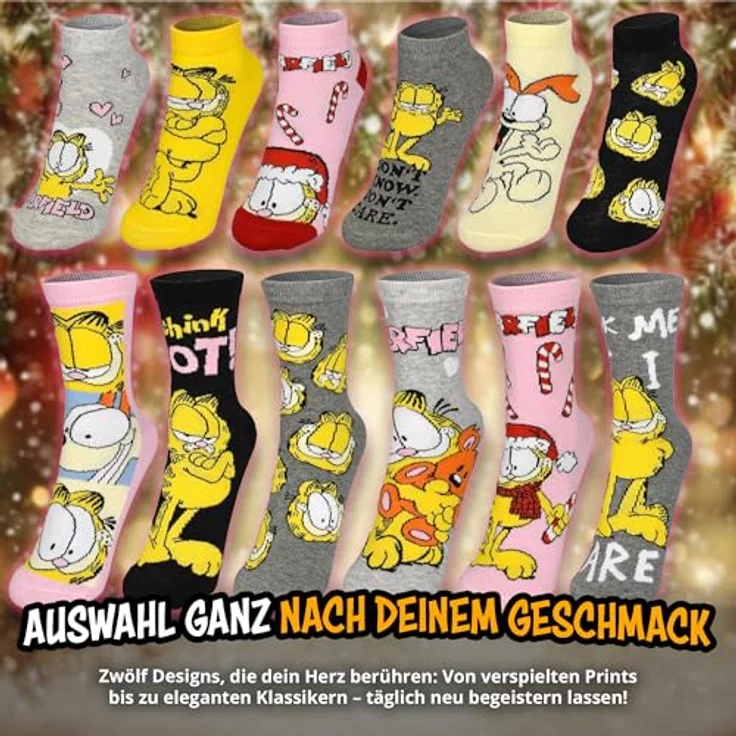 United Labels Garfield Adventskalender, 12 Paar Socken für Damen, Größe 35-41, mit Sneakern und langen Socken, Weihnachtskalender Geschenk – Bild 4