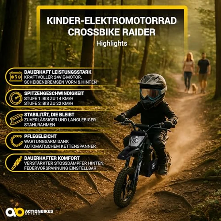 Actionbikes Motors Kinder Crossbike Raider, Elektro Kindermotorrad mit 24 V/250 W Motor, Scheibenbremsen und Geschwindigkeitsschalter, schwarz-weiß, ab 8 Jahren – Bild 2