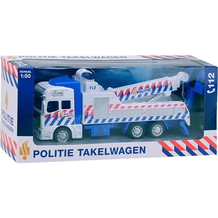 Johntoy 1-1-2 Pull-Back Police Tow Truck, Spielzeugauto in Blau mit Rückziehmechanismus