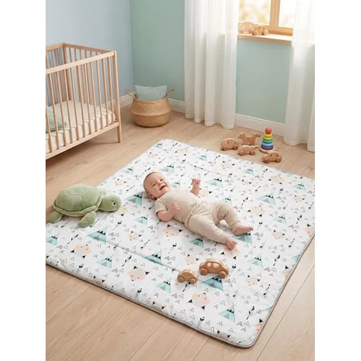 TupTam Krabbeldecke 120x120 cm - Gepolsterte Spieldecke aus 100% Baumwolle, OEKO-TEX, weich & hautfreundlich, Farbe: Grau/Fuchs Mint – Bild 3