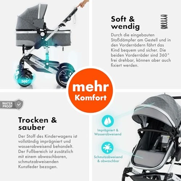 Daliya BAMBIMO 2in1 Kinderwagen & Buggy, grau mit silbernem Rahmen, Babywanne umbaubar zum Sportsitz, UV-Schutz 50+, belüftete Klimazonen, pannensichere Airless Reifen – Bild 4