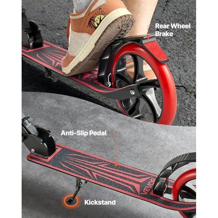 VEVOR Scooter für Kinder ab 8 Jahren, faltbarer Cityroller mit höhenverstellbarem Lenker, rutschfestem Deck und leichten Aluminiumrahmen, bis 100 kg, Schwarz + Rot – Bild 5