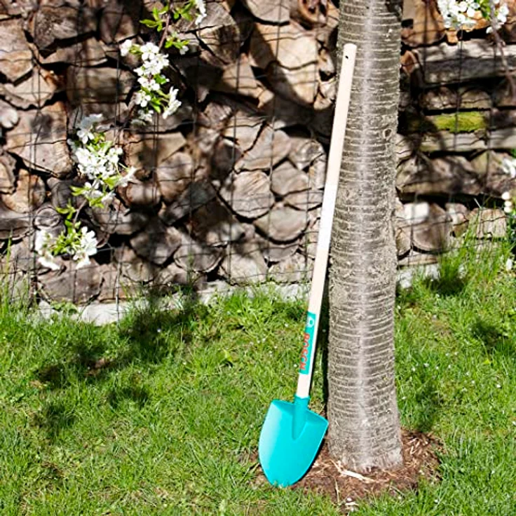 Theo Klein 2794 Bosch Stielgeräte Set, Kinder-Gartenspielzeug mit Schaufel, Laubrechen, Rechen und Besen, für Kinder ab 3 Jahren, Holzstiele, made in Germany – Bild 4