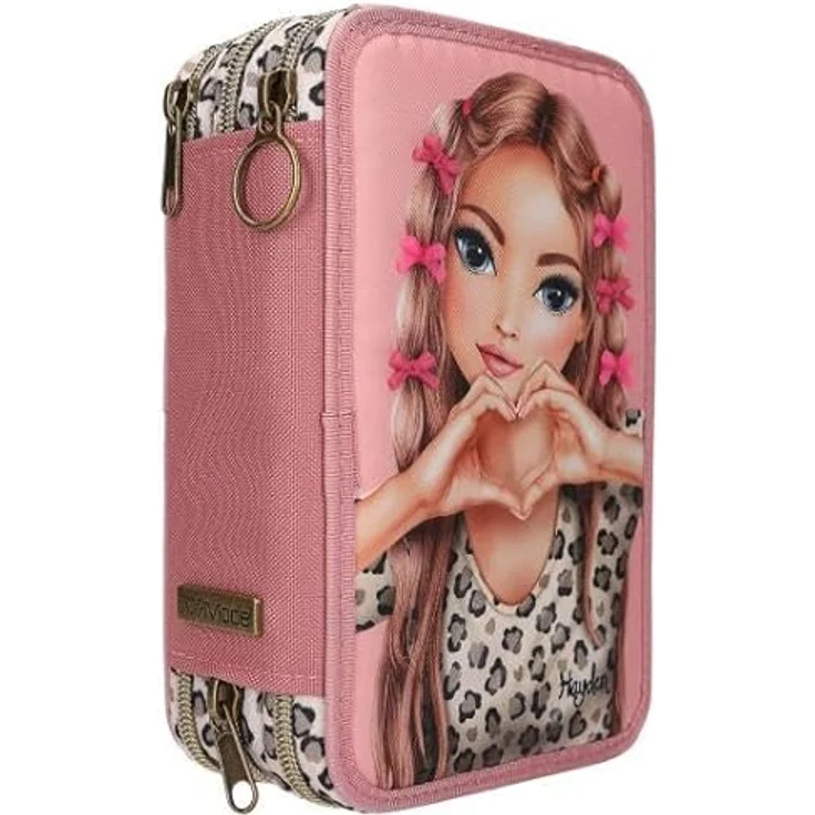 Magni TOPModel Federtasche 3fach Leoheart, rosa mit Schleifen, 18 Mal- und Filzstifte, 2 Bleistifte, Schere und mehr – Bild 3