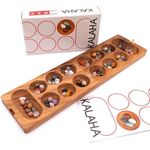 ROMBOL Kalaha - hochwertiges Steinchenspiel für 2 Personen inkl. Spielsteinen, Holzspiel mit 72 Stück Strategie-Spielsteinen, Modell:1