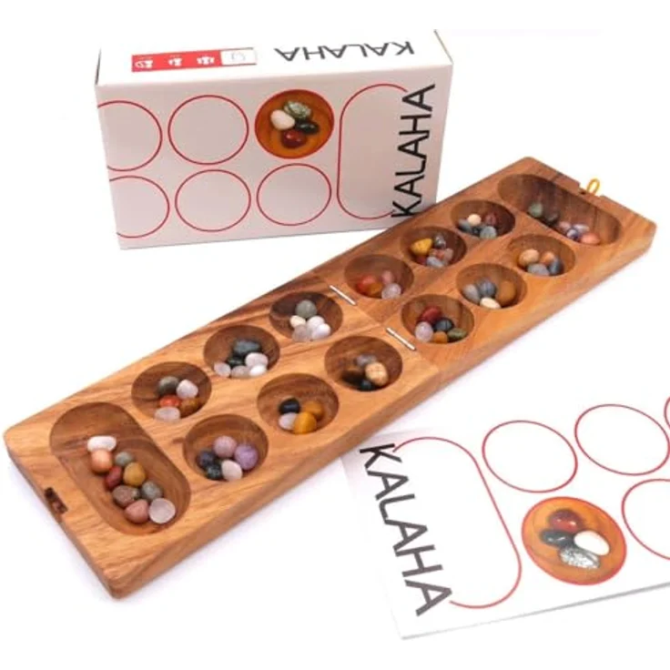 ROMBOL Kalaha - hochwertiges Steinchenspiel für 2 Personen inkl. Spielsteinen, Holzspiel mit 72 Stück Strategie-Spielsteinen, Modell:1 – Bild 1