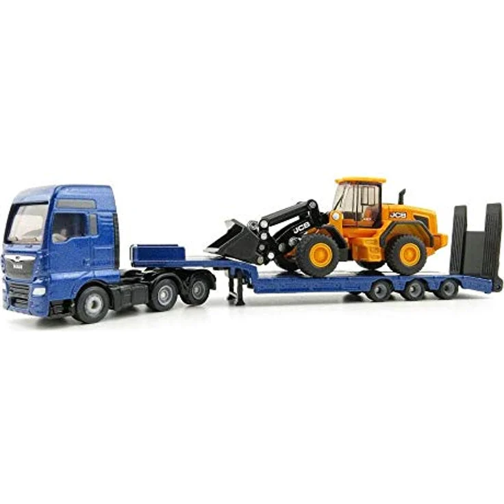 Siku 1790, MAN-LKW mit Tieflader und JCB Radlader, 1:87, Metall/Kunststoff, Blau/Gelb, Klappbare Auffahrrampe, Beweglicher Ladearm – Bild 6