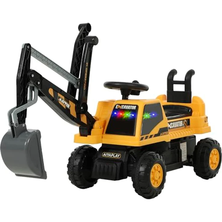 AIYAPLAY Sitzbagger Aufsitzbagger mit manuell bedienbarem Arm und Schaufel, drehbarer Aufbau, verstellbare Rückenlehne, bis 25 kg, Gelb, für Kinder 1,5-3 Jahre – Bild 1