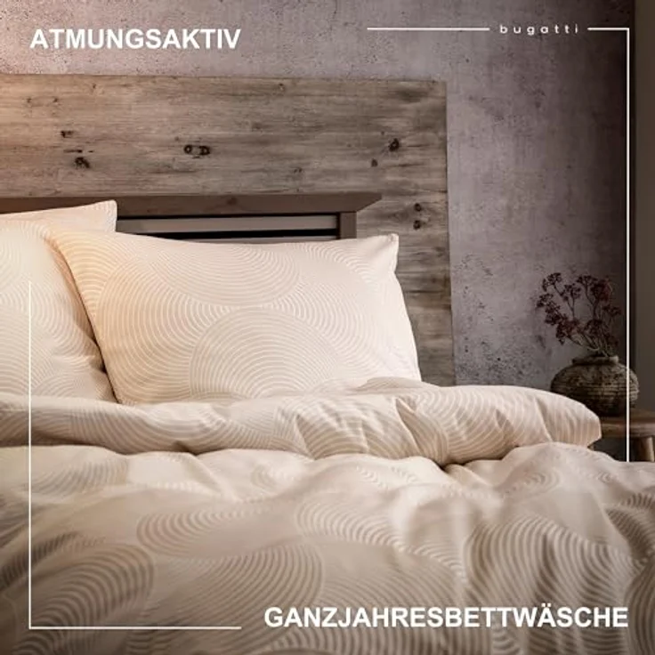 bugatti Bettwäsche 135x200 cm - 100% Baumwolle, Reißverschluss, anschmiegsam, weich & waschbar, Mako Satinbettwäsche Kreise grafisch beige – Bild 3