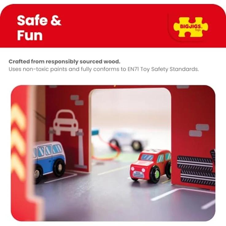 Bigjigs Spielzeug Holz Park & Play Garage Spielset, belebte Autowerkstatt mit Autolift, Servicecenter und Hubschrauberlandeplatz, 3 Ebenen – Bild 5