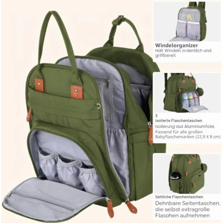 BabbleRoo Wickeltasche Rucksack, Wasserabweisend, 17 Taschen, große Kapazität (+50 %), mit Wickelauflage und Schnullerhalter, Reiserucksack für Mama & Papa – Bild 4
