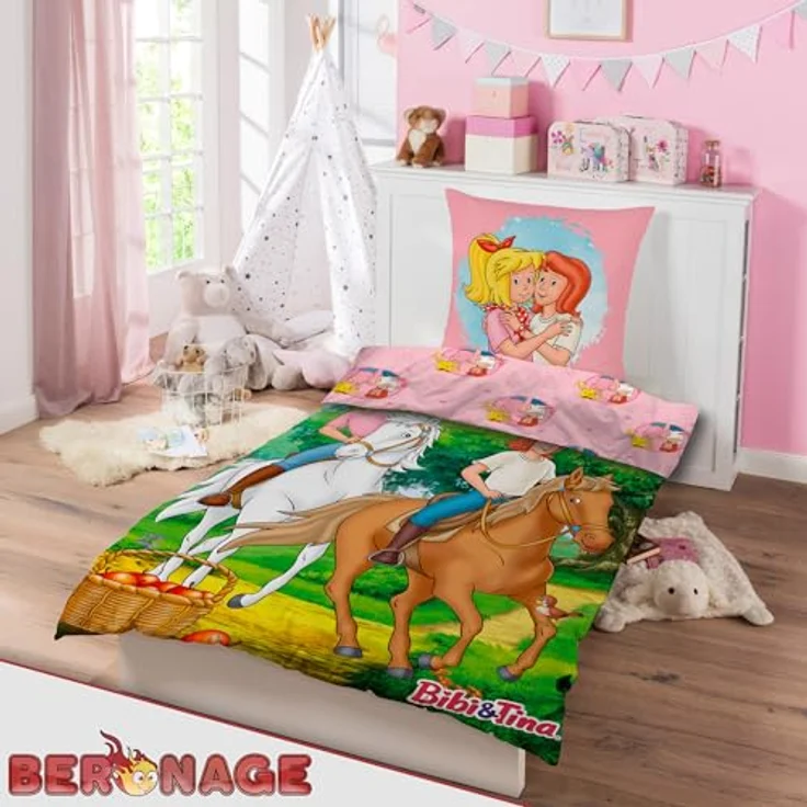 BERONAGE Bibi und Tina Kinderbettwäsche Pferde - 100% Baumwolle, Renforcé-Linon, Motive von Amadeus & Sabrina, Reiten - Reißverschluss, deutsche Größe – Bild 4
