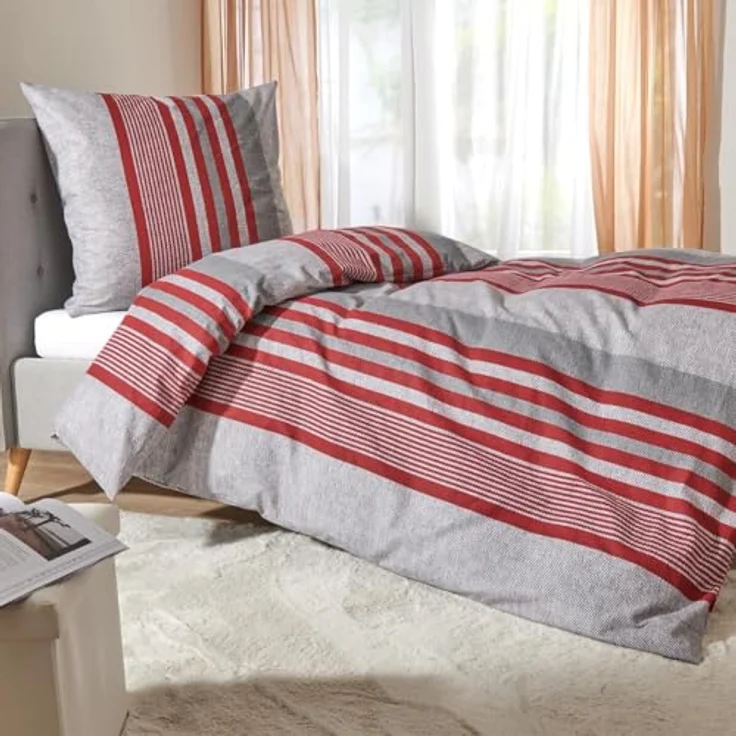 Traumschlaf Feinflanell Bettwäsche Mountain Stripe Berry, warme Winterbettwäsche aus 100% Baumwolle, modernes Streifendesign, 135x200 cm + 80x80 cm – Bild 3