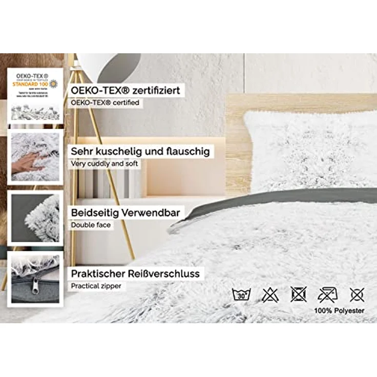 ZOLLNER Bettdecke extra flauschig - kuschelige Bettwäsche in 80x80 cm + 135x200 cm - waschbar bis 30°C – weißes Fellimitat auf grauem Fleece - Hotelwäschequalität - Oeko Tex® Zertifiziert – Bild 2