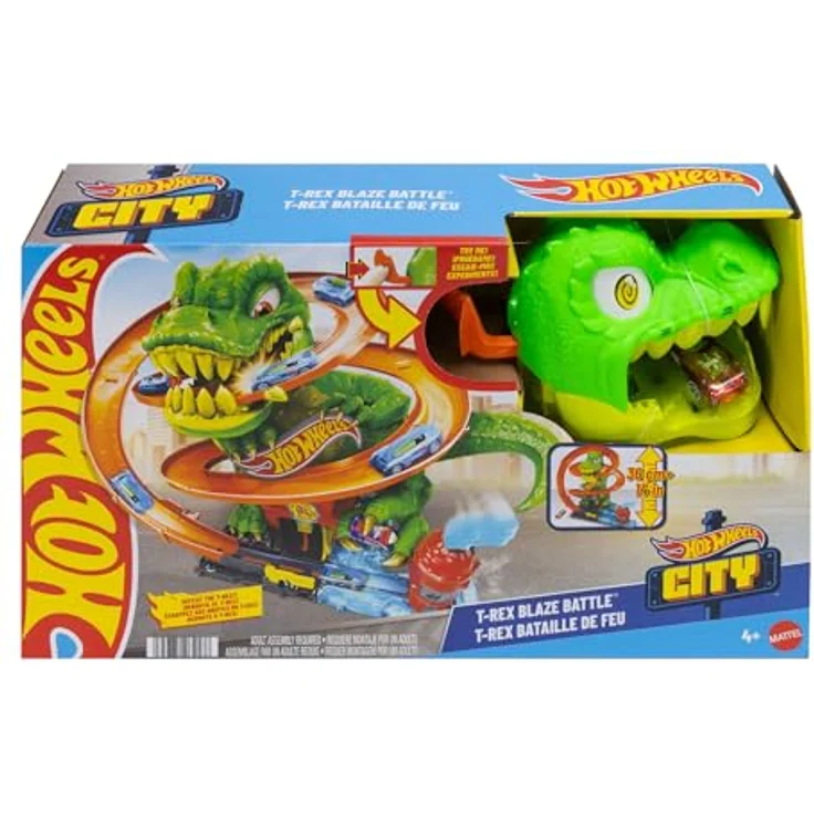 Hot Wheels T-Rex-Schlacht Rennbahn, Autorennbahn mit Die-Cast Feuerwehrwagen im Maßstab 1:64, interaktive T-Rex-Funktionen und Aufbewahrungsmöglichkeiten für Autos – Bild 6