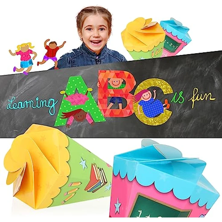 com-four® 2X Mini Schultüten 30 cm, Geschwisterschultüten aus Pappe in grün-gelb und pink-blau, handlich und faltbar – Bild 2