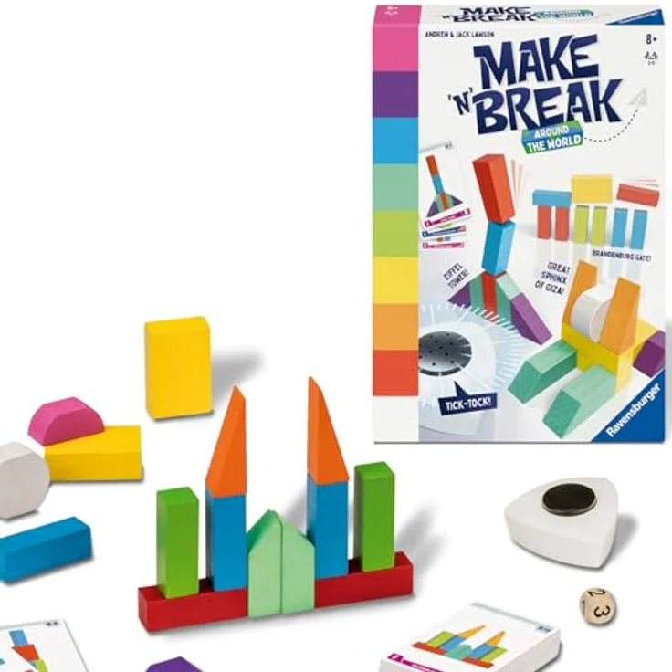 Ravensburger Make 'n' Break - Around The World, temporeiches Geschicklichkeitsspiel für 2-5 Spieler, ab 7 Jahren, mit neuen Bauwerk-Aufgaben und Teamherausforderungen – Bild 1