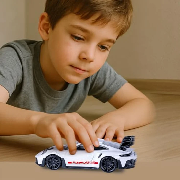 JAMARA Porsche 911 GT3 RS Diecast 1:43 Modellauto mit stabiler Metallkarosserie und originalgetreuer silberner Lackierung – Bild 2