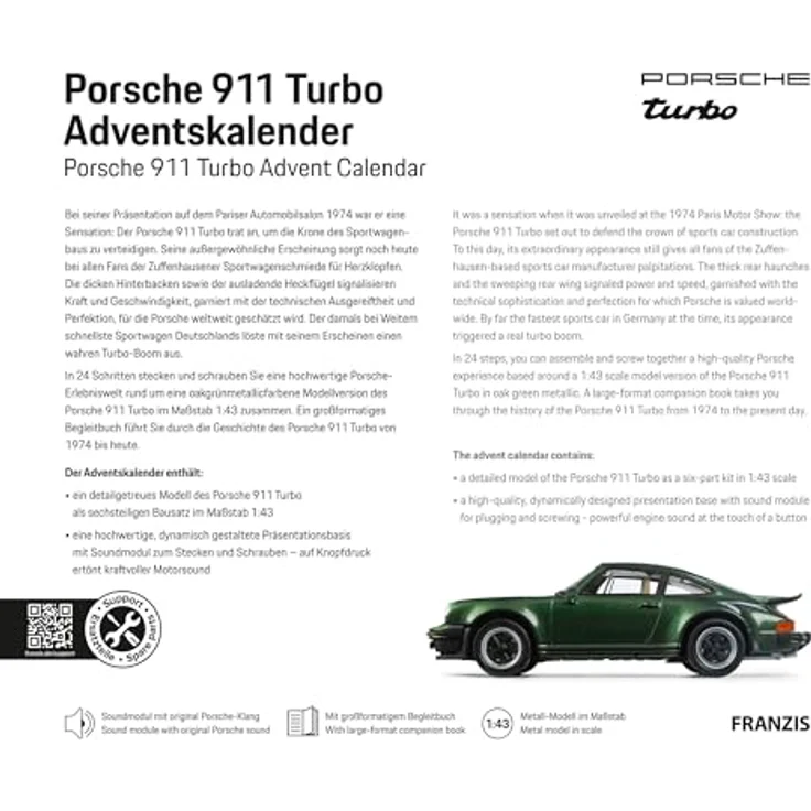 Franzis Verlag Adventskalender Bausatz Porsche 911 Turbo, Maßstab 1:43 in Oakgreen mit Begleitbuch, für Altersklasse ab 14 Jahre – Bild 2